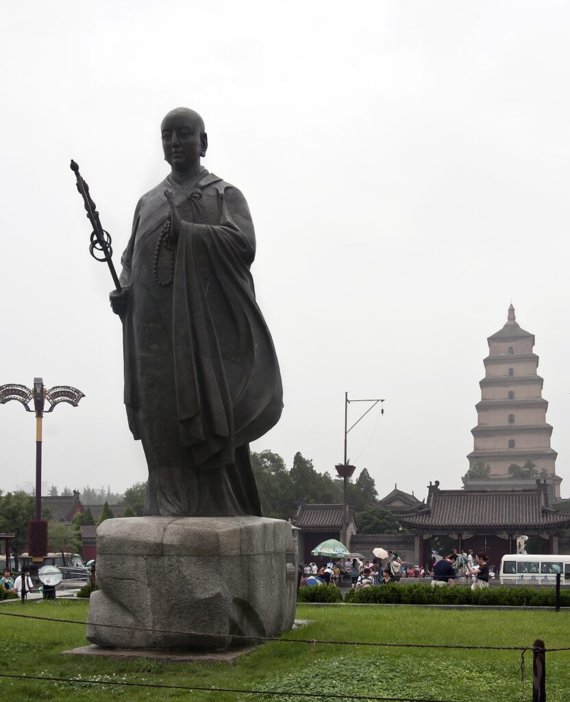 Xuanzang statue near Big Wild Goose Pagoda for Tang and Silk Road context