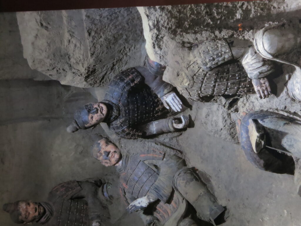 Group of terracotta warriors showing remaining colour