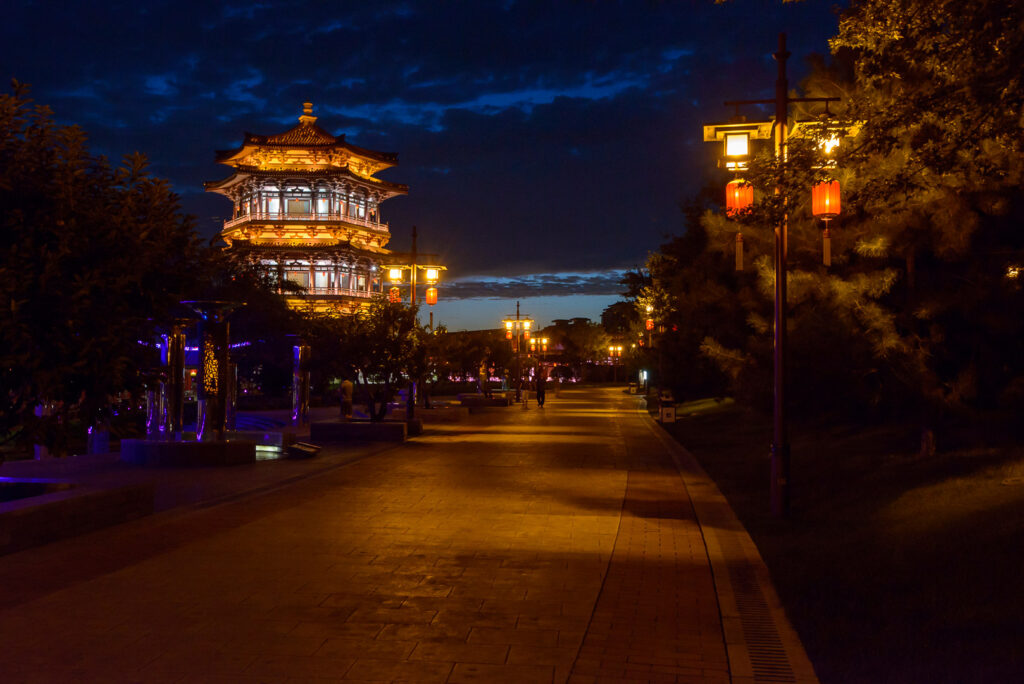 Xi'an evening lights near a Tang-style sightseeing area
