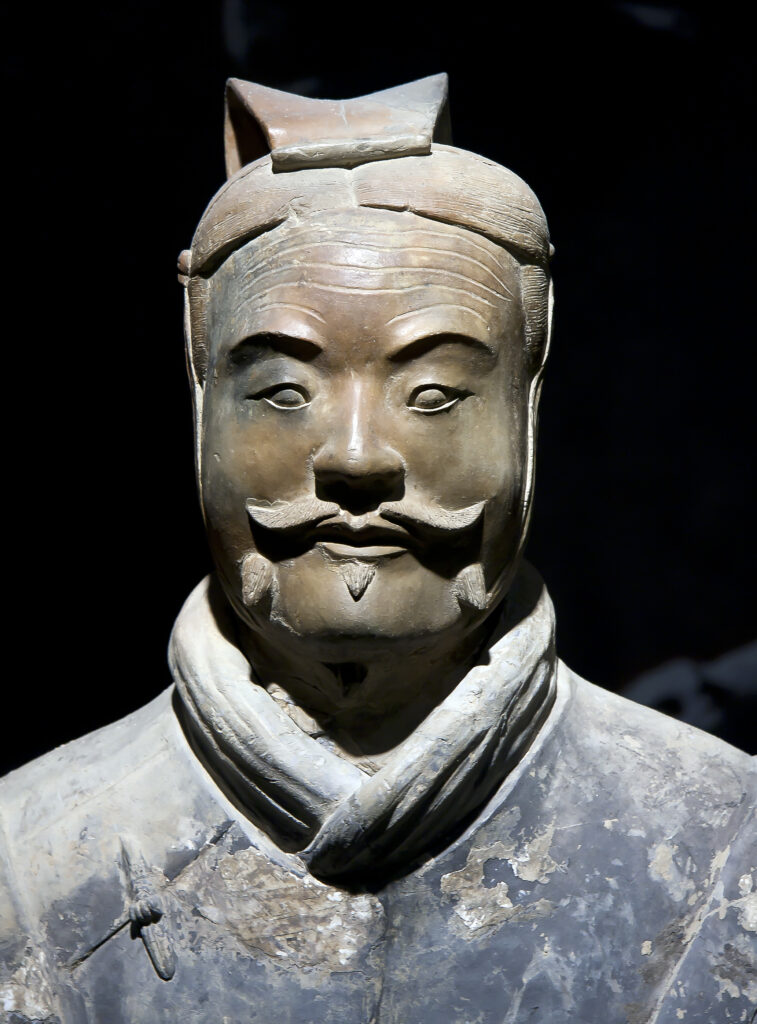 Mid-ranking Terracotta Army officer with a two-panel long cap and modeled facial hair